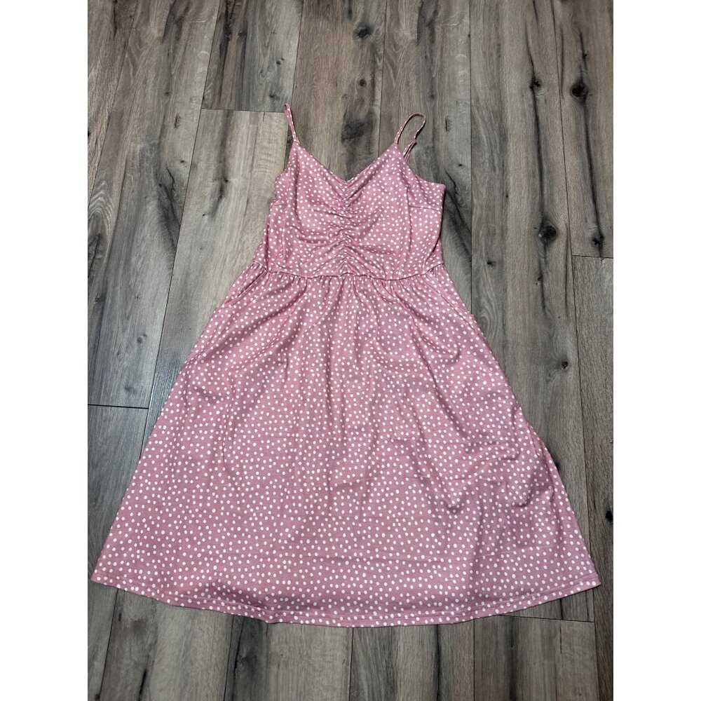 Yathon L Polka Dot Pink Sleeveless Midi Dress With Ruched Bust Coquette Pockets